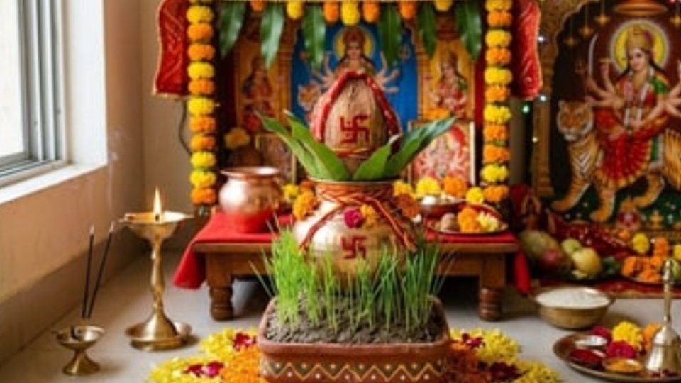 मां दुर्गा की प्रतिमा और शारदीय नवरात्रि में घटस्थापना के साथ पूजा-अर्चना का दृश्य।